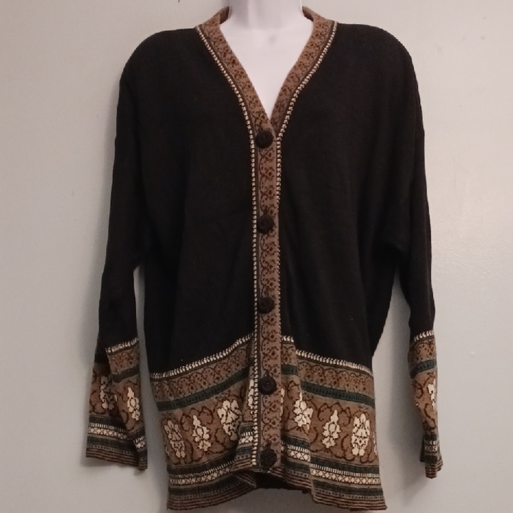 Carole Little size L women's black and brown patterned cardigan with buttons.